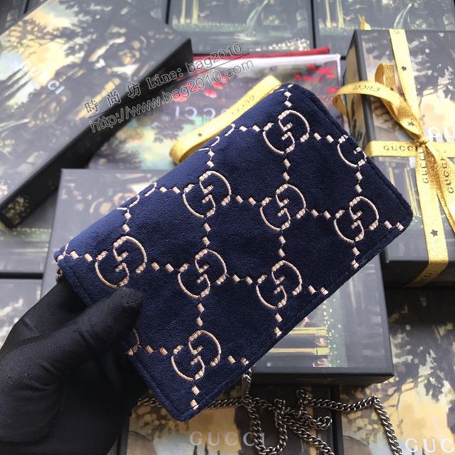 Gucci包 古馳女包 476432藍刺繡天鵝絨 Gucci真皮鏈條超迷你斜挎包  gudj1340